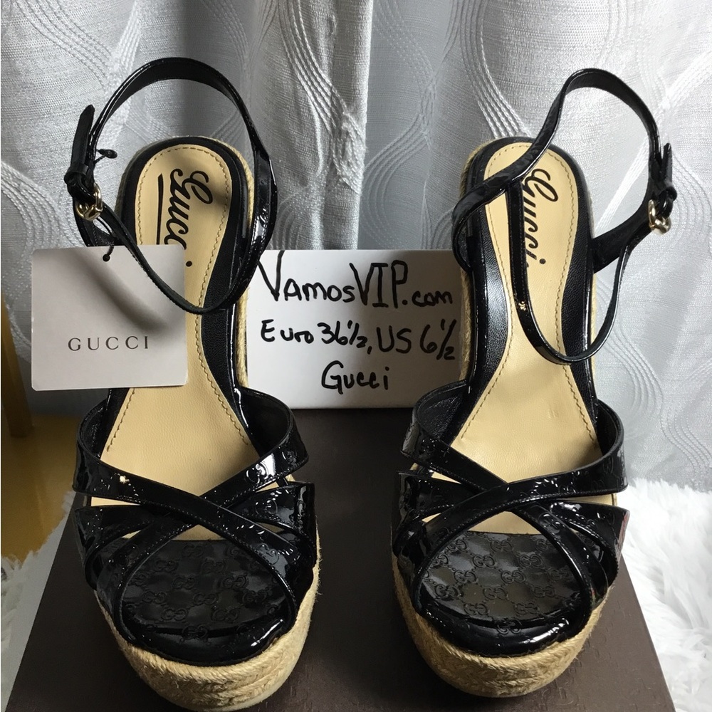 Gucci Black Patent Leather Penelope Microguccissima Platform Espadrille Sandals